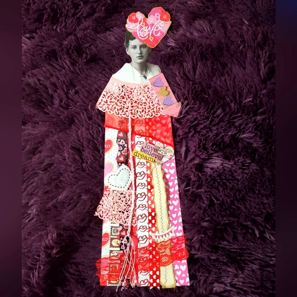 😀 HAND CRAFTED 16 inch valentines paper doll ornament bookmark collage